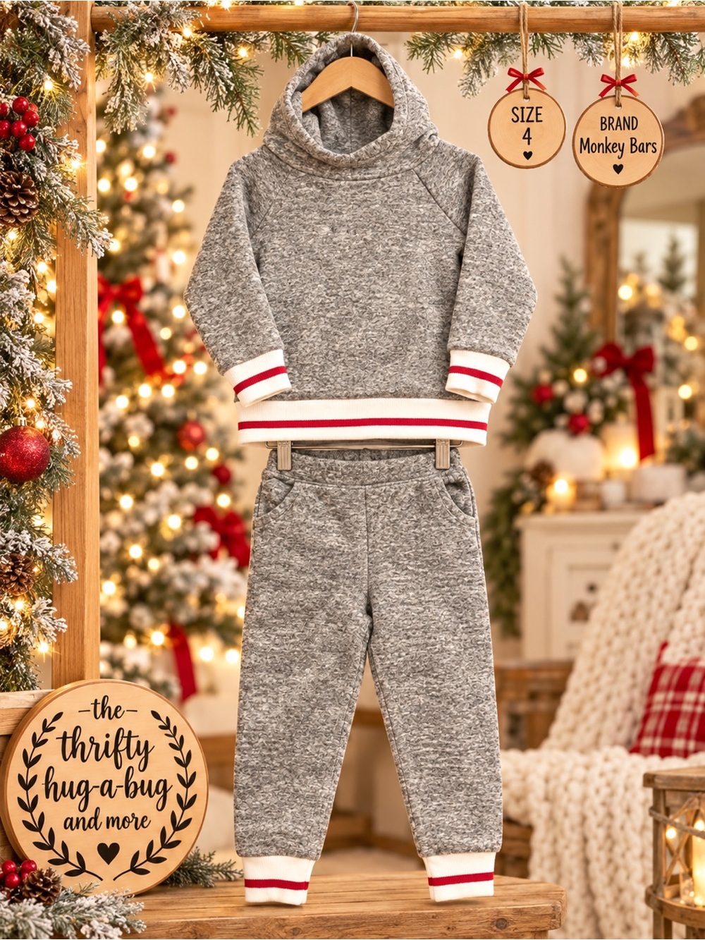 Monkey Bars Size 4 Grey Hooded Sweater & Jogger Set Red Stripe 2 Pieces